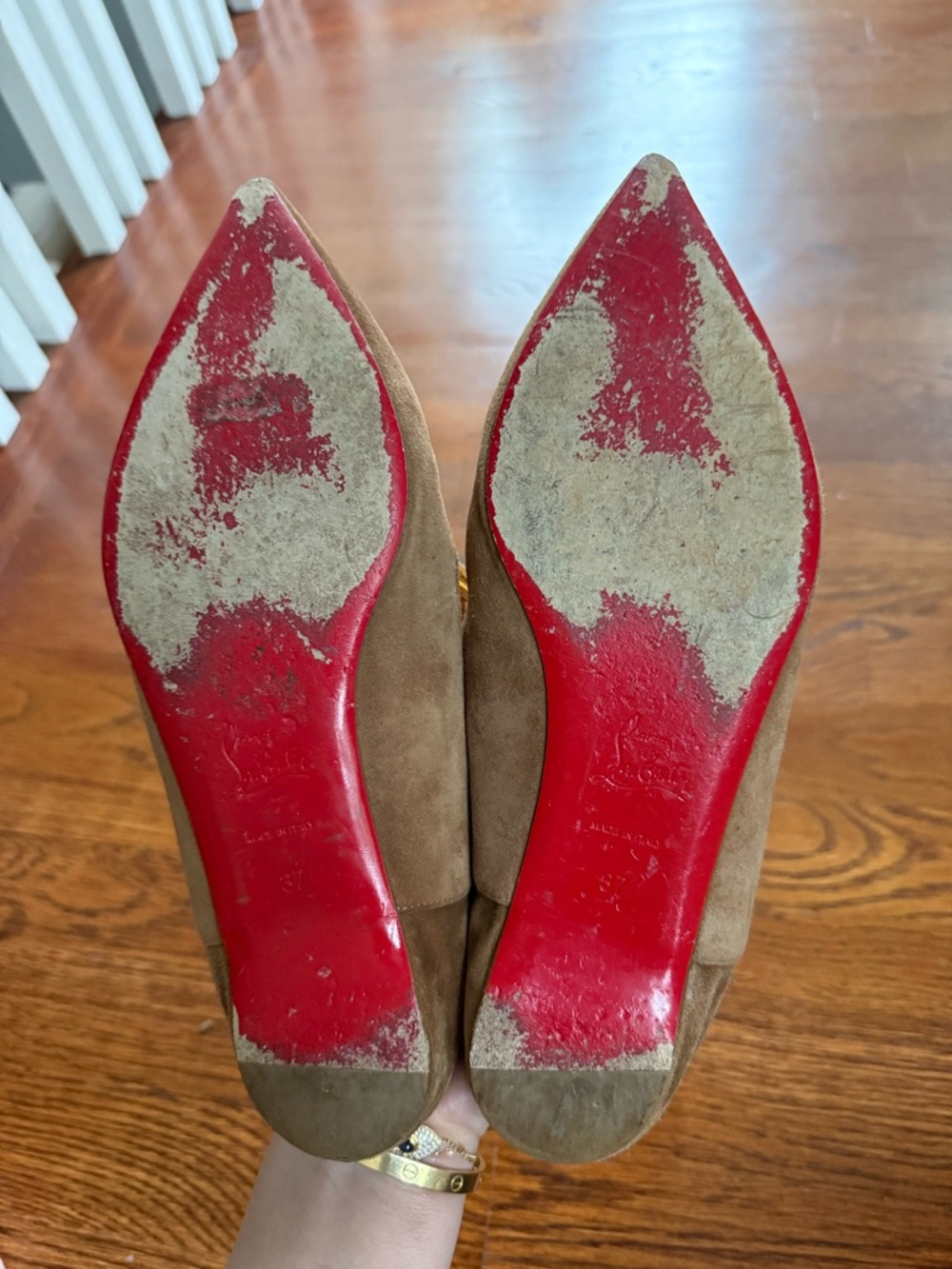 Christian Louboutin Brown Suede Pointed Tassel Flats with Mustard Accents - Picture 3 of 3